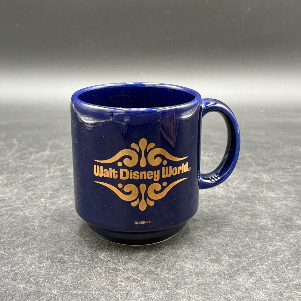 Vintage Walt Disney World Cobalt Blue Gold Logo Coffee Mug Japan Souvenir